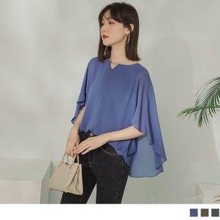 Notched Neckline Flutter-sleeve Chiffon Top
