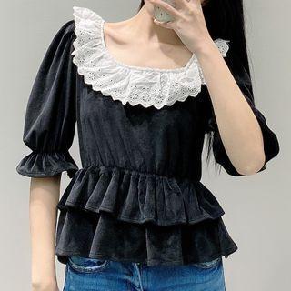 Elbow-sleeve Velvet Peplum Top