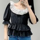 Elbow-sleeve Velvet Peplum Top