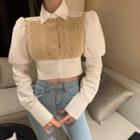 Cable-knit Panel Puff-sleeve Blouse
