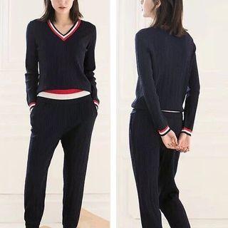 Set: V-neck Knit Top + Tapered Pants