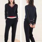Set: V-neck Knit Top + Tapered Pants