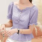 Frilled Trim Buttoned Short-sleeve Chiffon Top