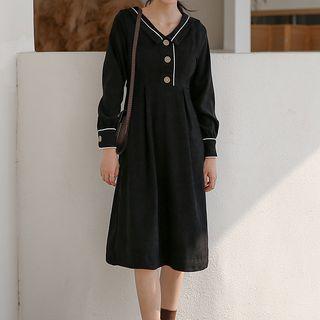 V-neck Long-sleeve Contrast Trim A-line Dress