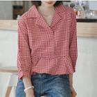Checked 3/4-sleeve Blouse Checked - Red - One Size