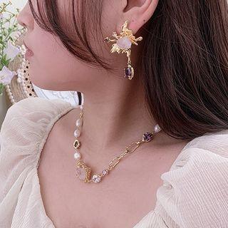 Rhinestone Genuine Pearl Necklace / Drop Earring