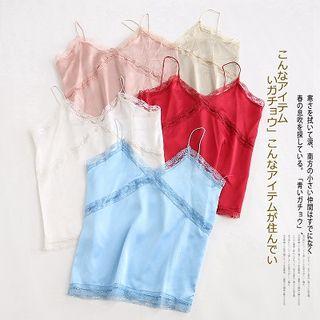 Spaghetti Strap Lace Trim Satin Top