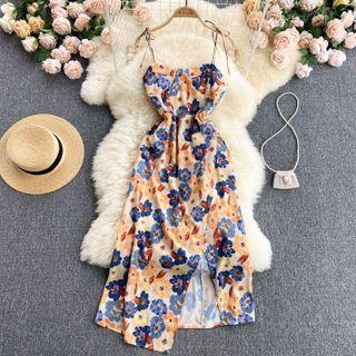 Print Slit Asymmetrical Spaghetti-strap Dress