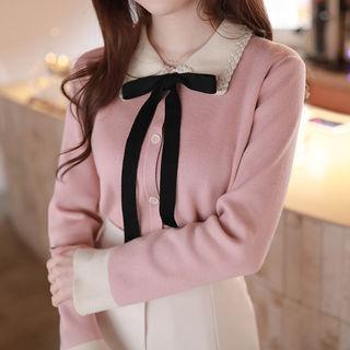 Braided-trim Slit-cuff Cardigan With Sash