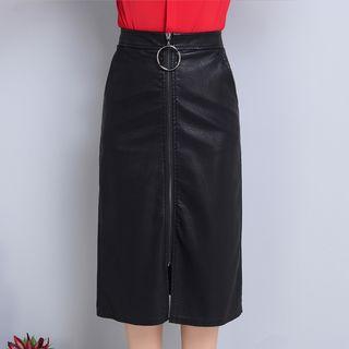 Zip Front Midi Faux Leather Skirt