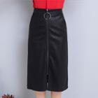 Zip Front Midi Faux Leather Skirt