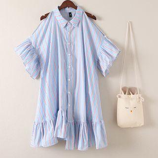 Striped Short-sleeve Cold Shoulder Shirtdress