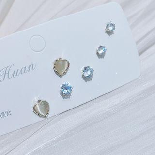 3 Pair Set: Heart Faux Cat Eye Stone / Rhinestone Alloy Earring (various Designs) 3 Pairs - Gold - One Size
