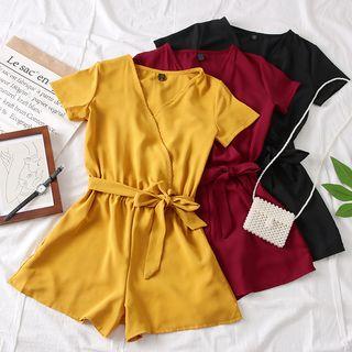 V-neck Plain Playsuit With Sash