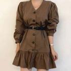 Long-sleeve Button-front Mini Dress Coffee - One Size