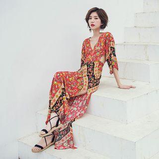 3/4-sleeve Patterned Open Back Maxi Dress