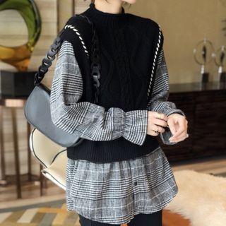 Mock Two-piece Plaid Panel Cable Knit Top