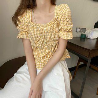 Plaid Short-sleeve Ruched Blouse