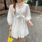 3/4-sleeve Frill Trim A-line Mini Dress White - One Size