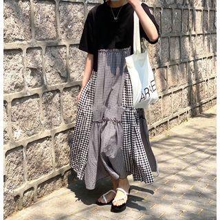 Short-sleeve Mock Two Piece Plaid Panel Midi A-line Dress Black - One Size