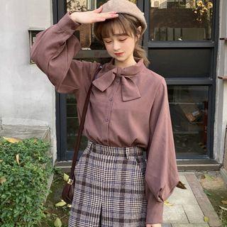 Tie-neckline Long-sleeve Shirt Almond - One Size