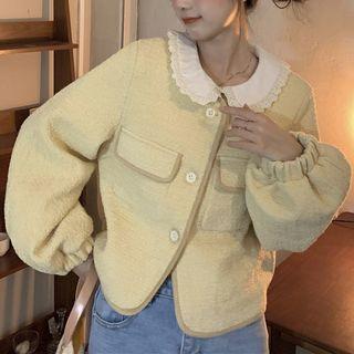 Button-up Pocketed Jacket / Lace Blouse