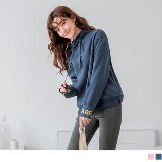 Lettering Cuff Stand Collar Drawstring Pullover