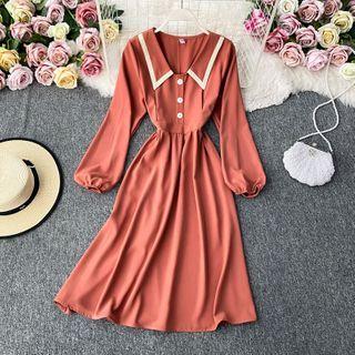 Contrast-trim Collar Long-sleeve Dress