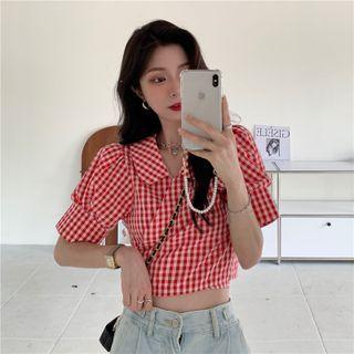 Short-sleeve Plaid Lace-up Shirt