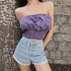 Off-shoulder Checked Cropped Top Purple - One Size