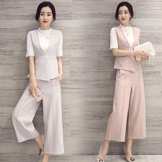 Set: Mock Two Piece Short-sleeve Top + Wide Leg Pants