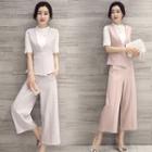 Set: Mock Two Piece Short-sleeve Top + Wide Leg Pants