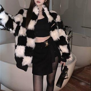 Checker Print Fluffy Jacket / Asymmetrical Pencil Skirt