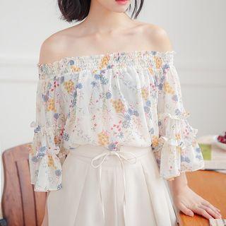 Patterned Off Shoulder Elbow Sleeve Chiffon Blouse