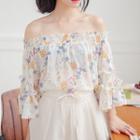 Patterned Off Shoulder Elbow Sleeve Chiffon Blouse