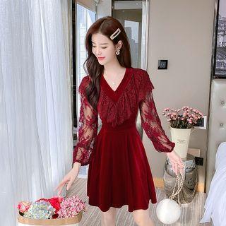 V-neck Lace-panel Velvet A-line Dress