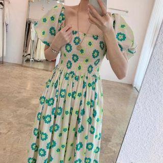 Short-sleeve Floral Print Midi A-line Dress Fresh Green & Neon Green & White - One Size