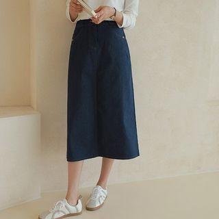 Band-waist A-line Midi Denim Skirt