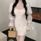 Puff-sleeve Square-neck Shaping Ruched Lace Dress