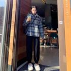 High-neck Plaid Hooded Pullover / Wool Jogger Pants
