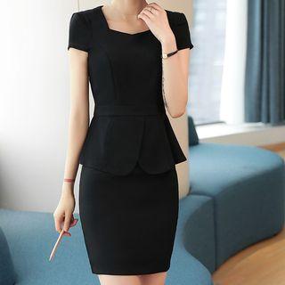 Set: Short-sleeve Peplum Blouse + Pencil Skirt / Dress Pants