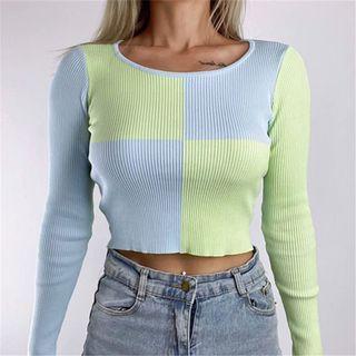 Long Sleeve Color-block Ribbed-knit Crop Top