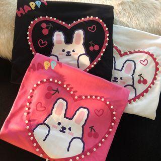 Short Sleeve Faux Pearl Rabbit Print T-shirt
