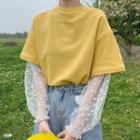 Mock Two-piece Long-sleeve Dotted Mesh T-shirt