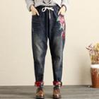 Drawstring Embroidery Baggy Jeans