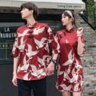 Couple Matching Crane Print Elbow-sleeve Hanfu Top / Elbow-sleeve Shift Dress