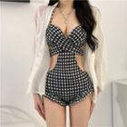 Halter Houndstooth Cutout Swimsuit