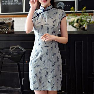 Feather Print Cap-sleeve Qipao