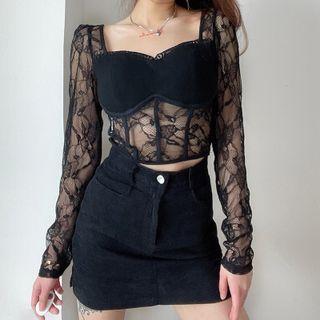 Long Sleeve Square Neck Lace-panel Corset Top
