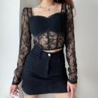 Long Sleeve Square Neck Lace-panel Corset Top